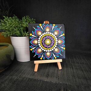 Mandala Dot Art Hand-painted Mini Canvas with Easel Boho Hippie FolkArt